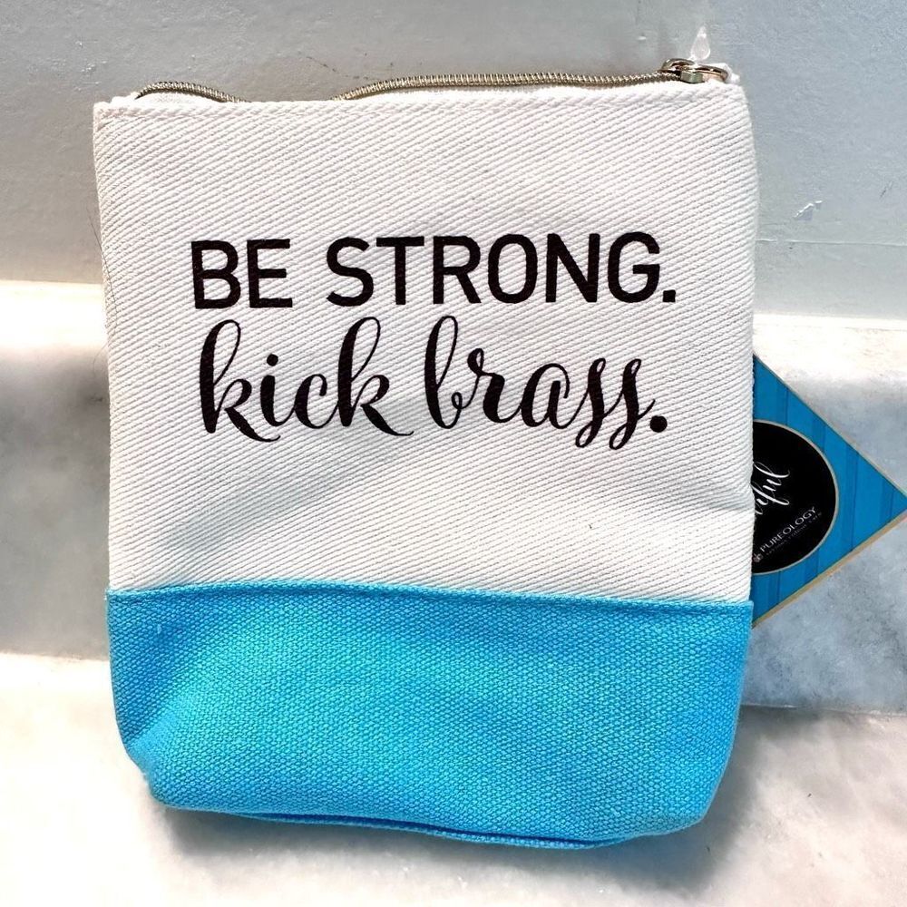 NWT Pureology Be Strong Kick Brass Colorblock Canvas Makeup Bag White Blue Small